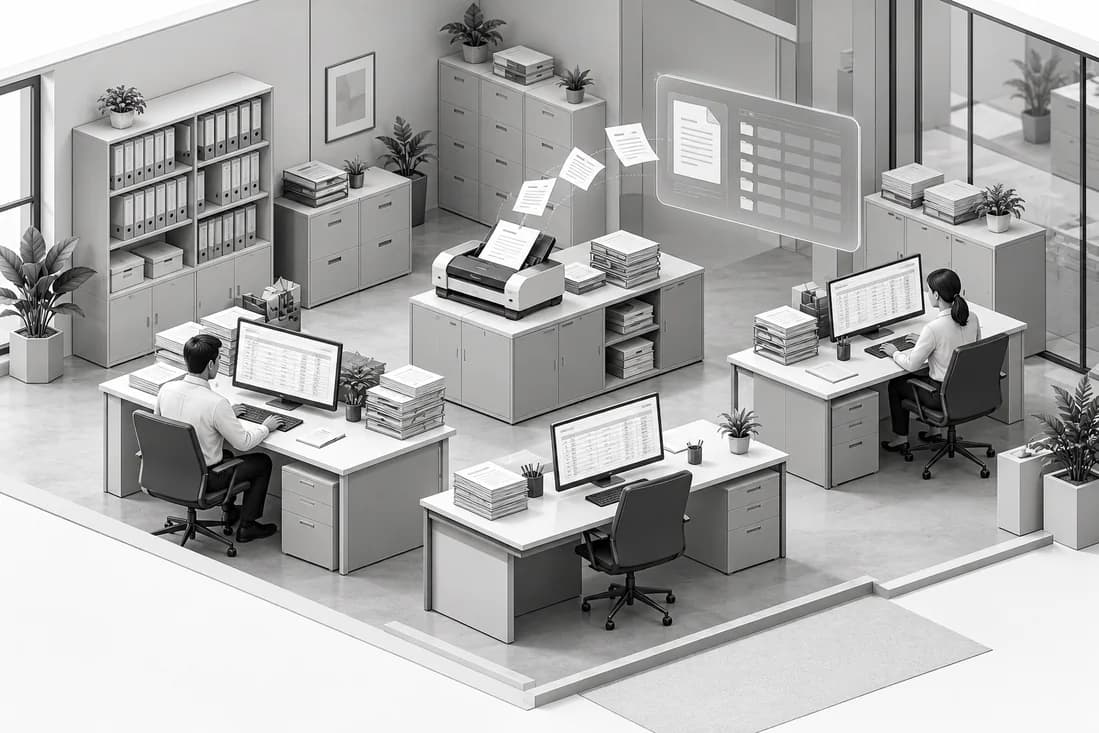 An accounting office with a scanner and an illustrated document-processing flow