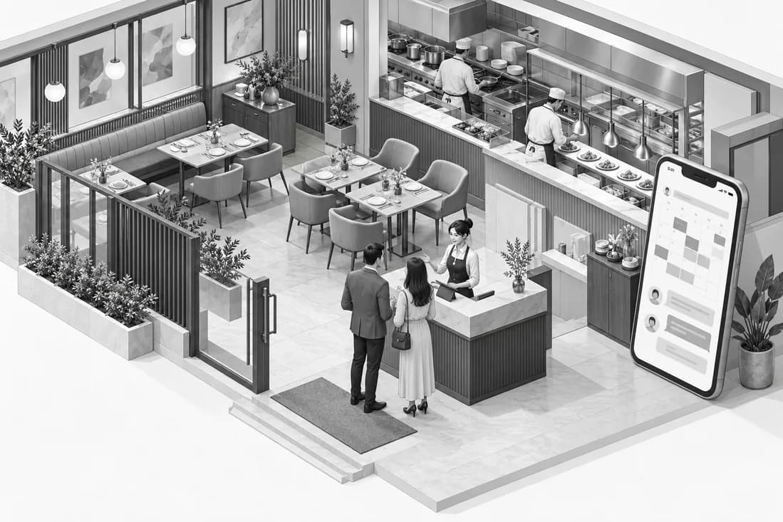 A restaurant reception and dining room with an illustrated reservation assistant
