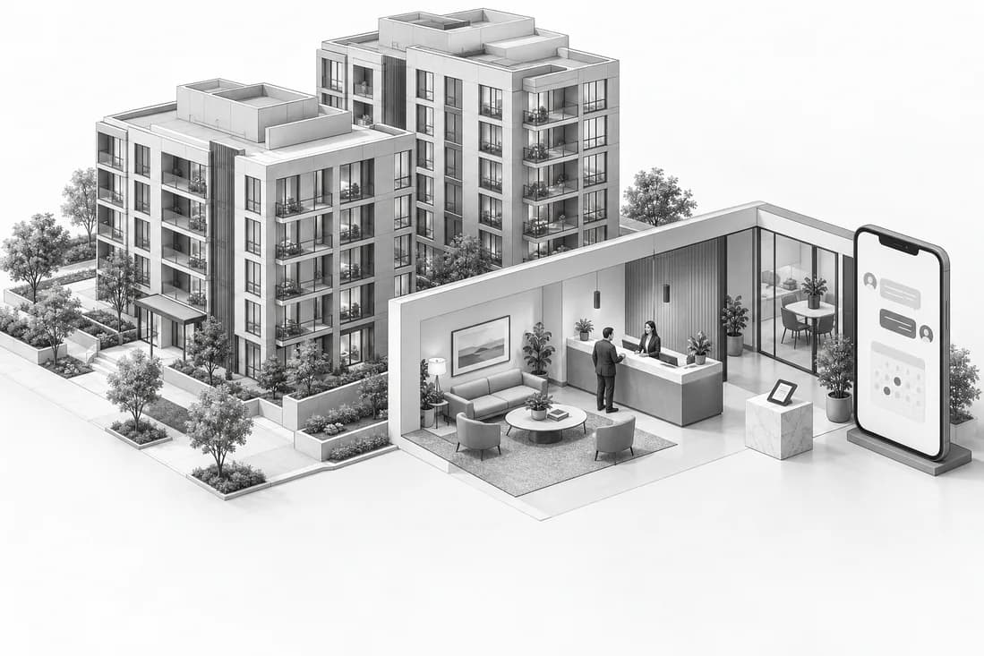 Residential towers and a leasing reception with an illustrated appointment assistant