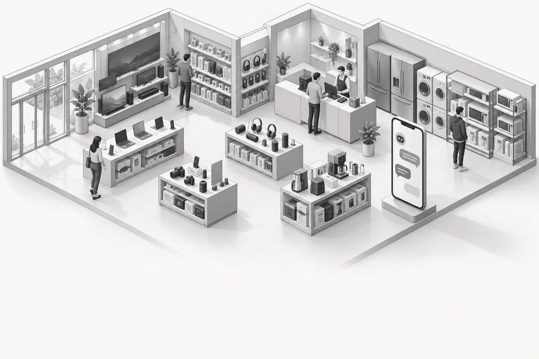 An isometric electronics shop with an illustrated customer-support assistant